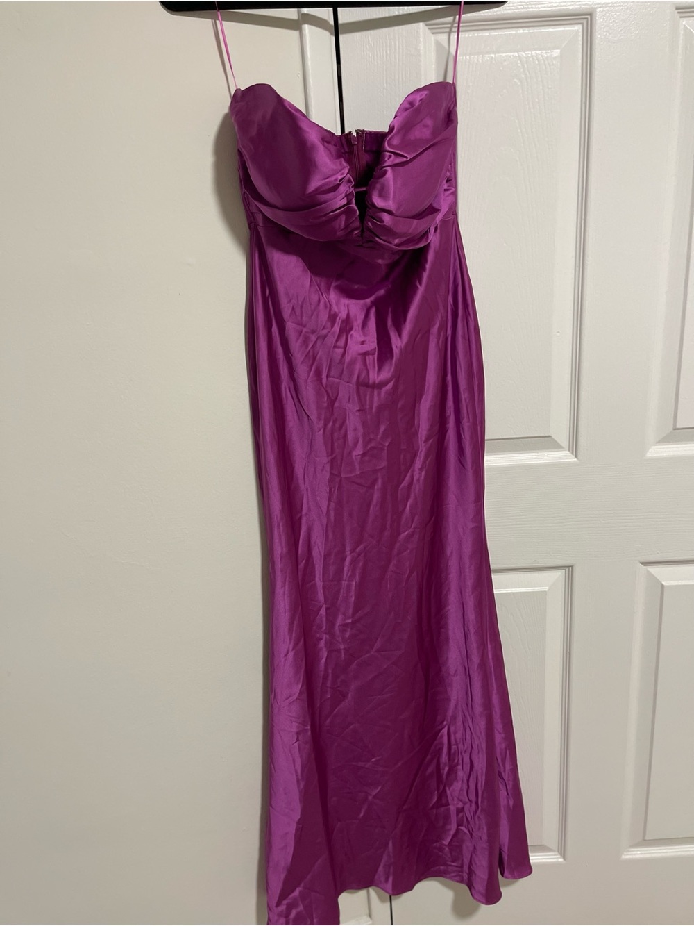 Vici Strapless Satin Midi Dress in Fuchsia